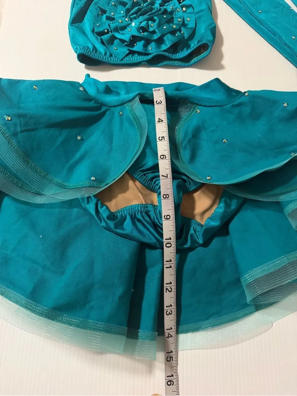 Kelle dance custom rhinestone solo costume teal 2 piece 4487 LC-large child